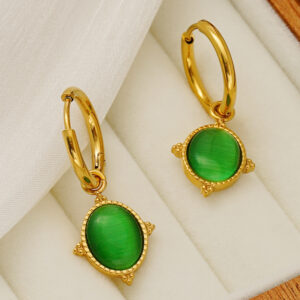 Green Cat's Eye Stainless Steel Hoop Earrings