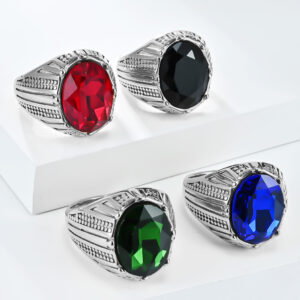 Men's Personalized Stainless Steel Ring with Glass Gemstone Inlay