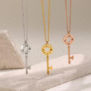 Roman Numeral Four Diamond Key Necklace