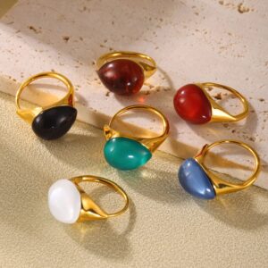 Multi-coloured waterdrop resin open adjustable stainless steel ring