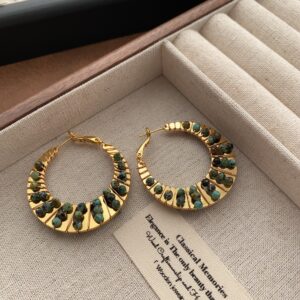 Metal Hoop Earrings with Colorful Stone Inlays