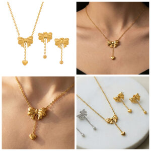 Bow Heart Tassel Earrings Necklace