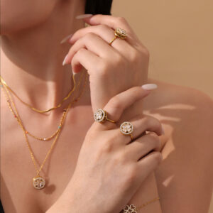 Rotatable 5A Zircon Flower Titanium Steel Necklace, Earrings, and Ring